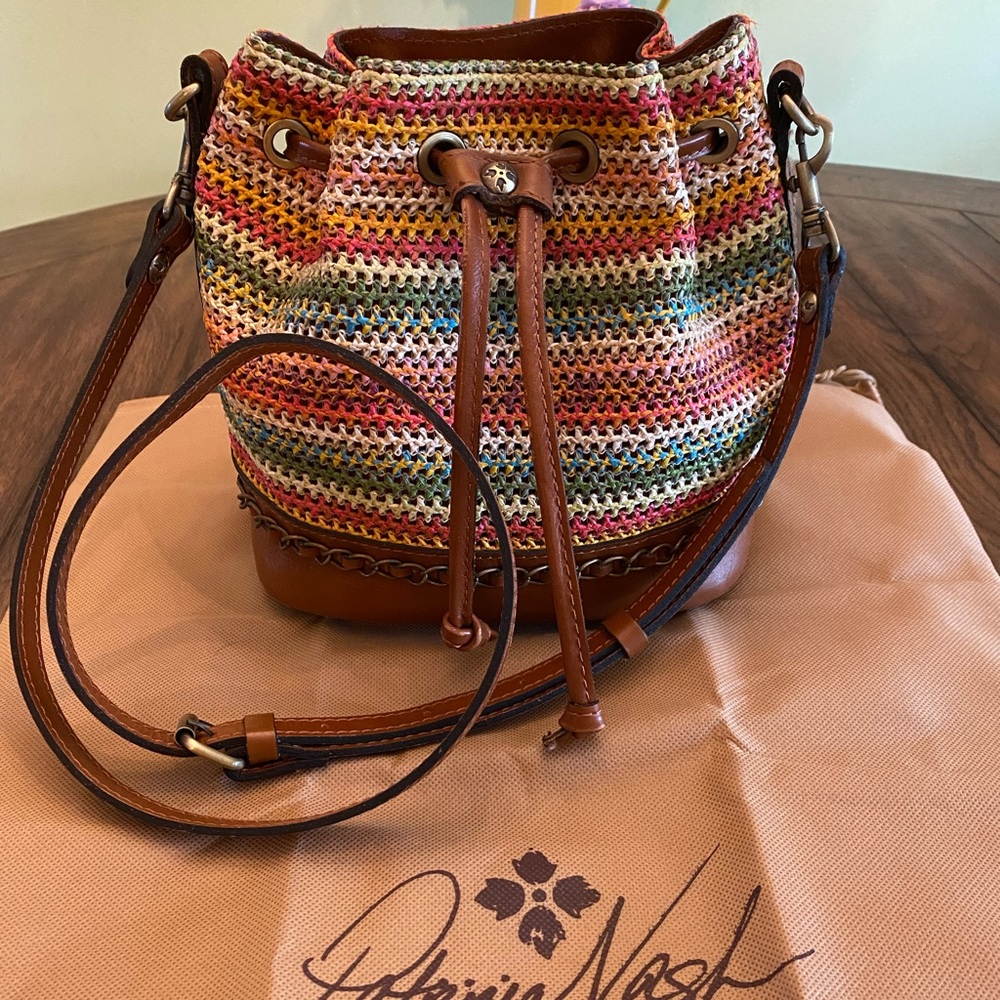 Drawstring crossbody bucket bag purse, gorgeous colorful Patricia Nash leather